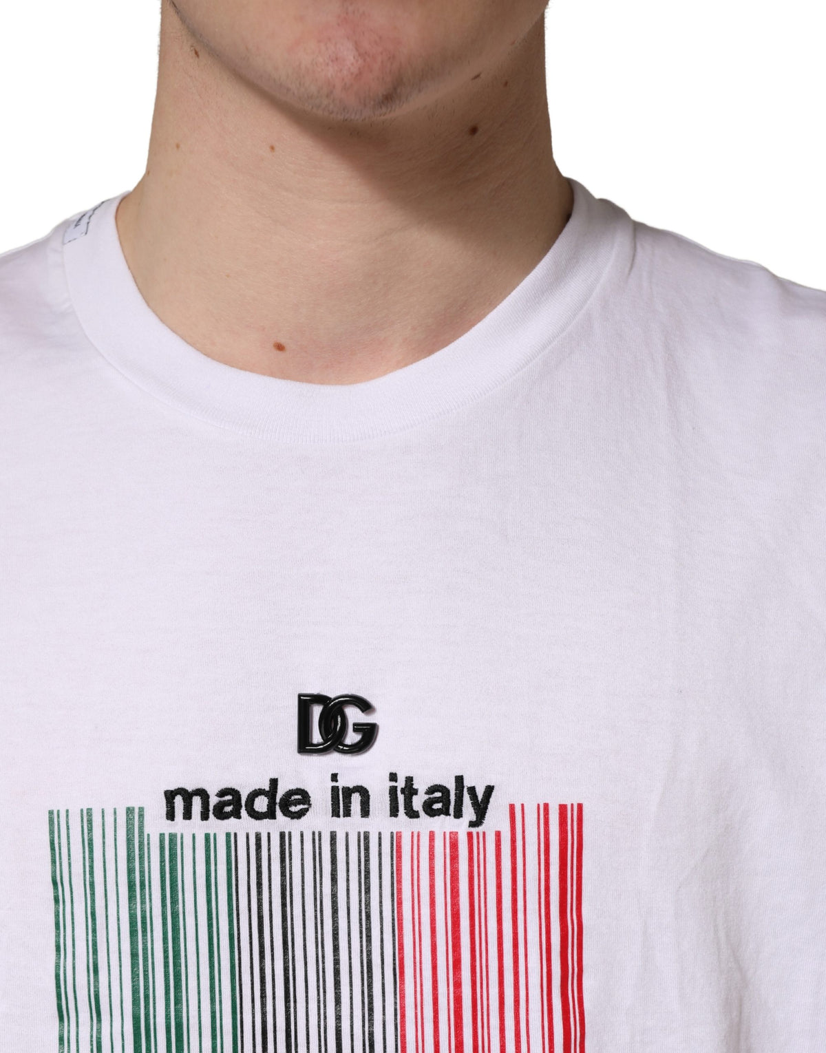 Dolce & Gabbana White Barcode Cotton Crew Neck T-Shirt