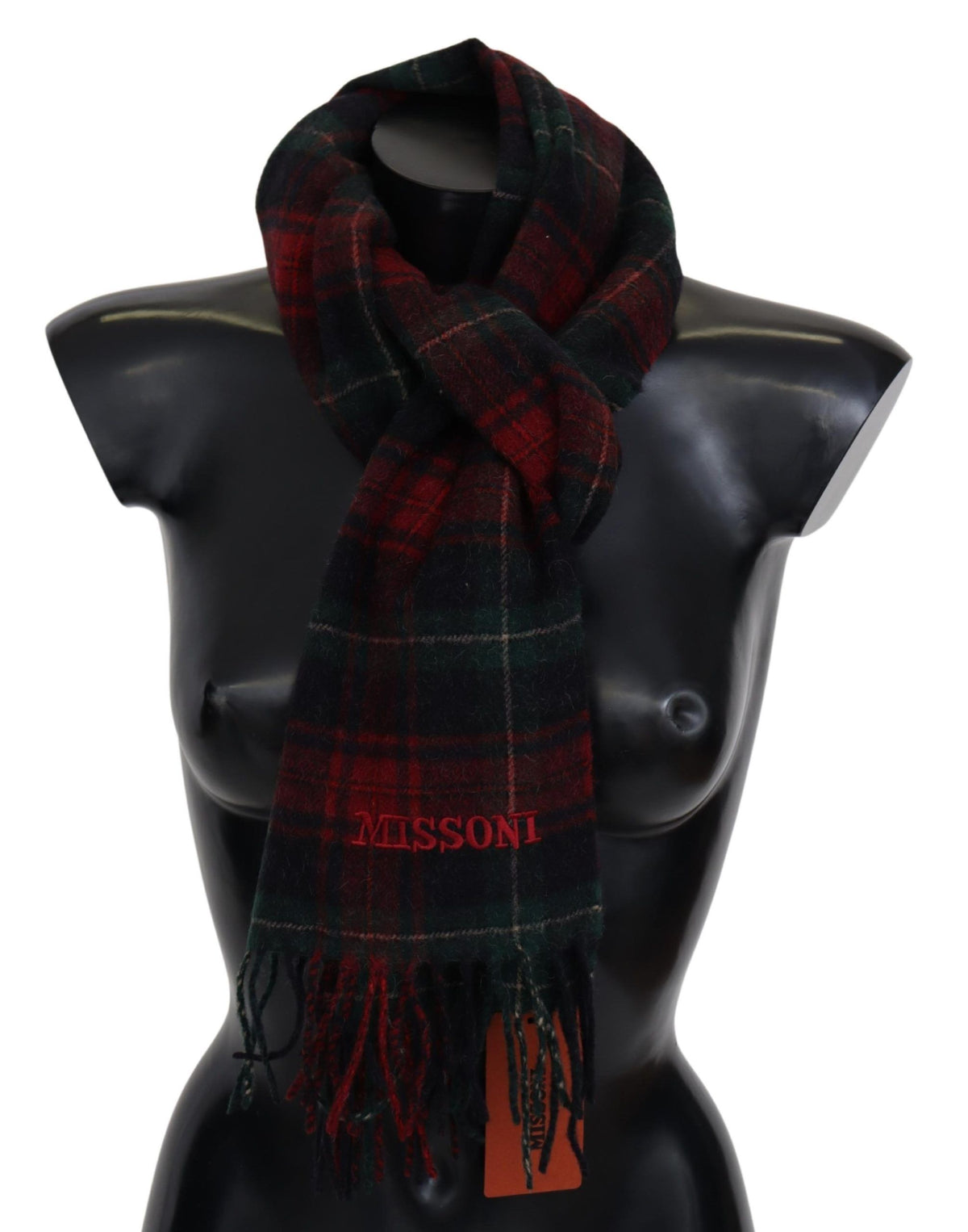 Missoni Black Red Check Wool Unisex Neck Fringed Scarf
