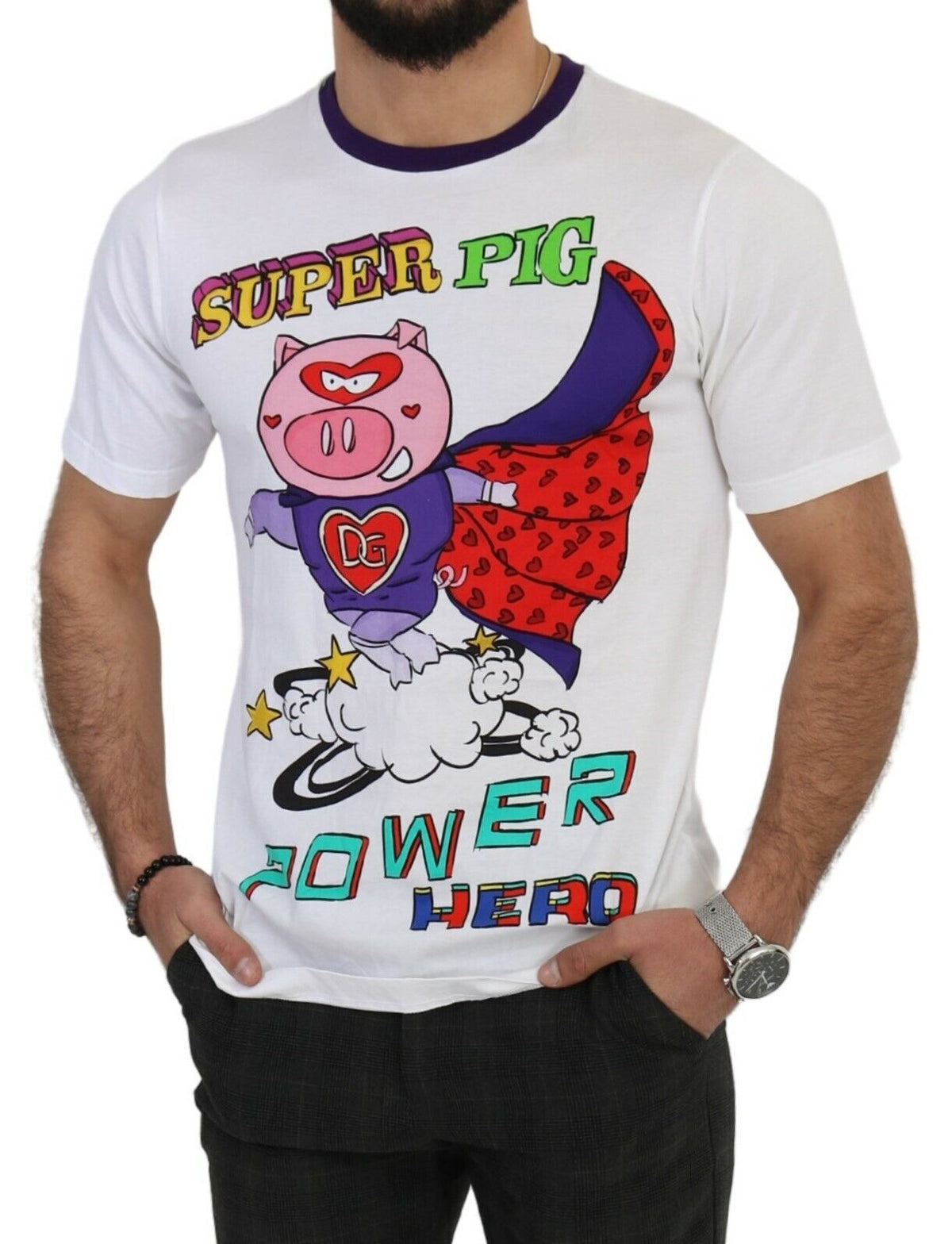 Dolce & Gabbana White Cotton Top Super Power Pig T-Shirt