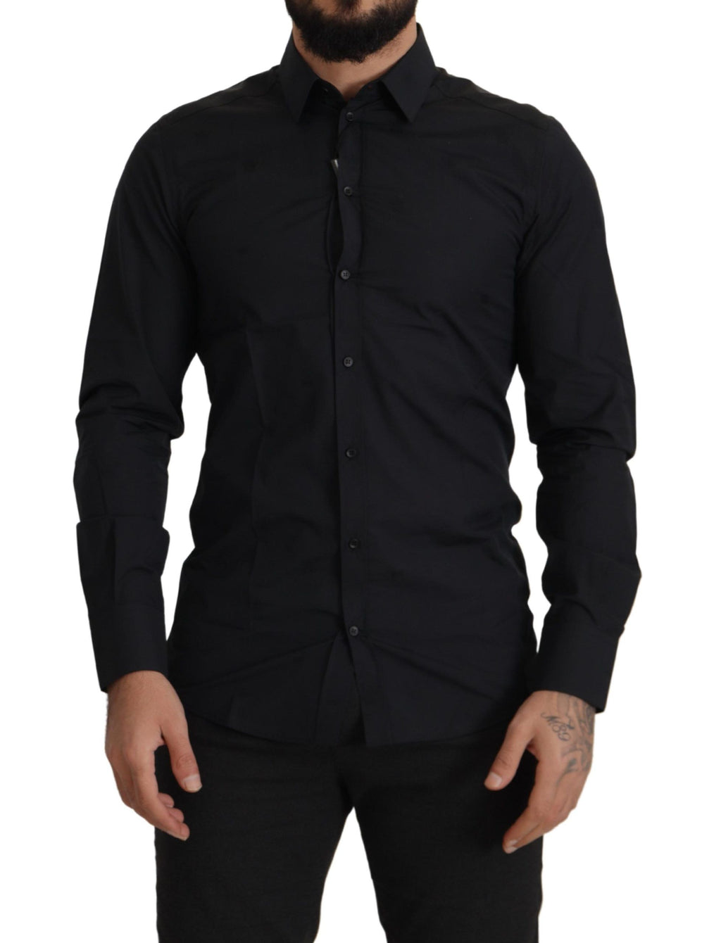 Dolce & Gabbana Black Cotton Gold Slim Fit Dress Shirt