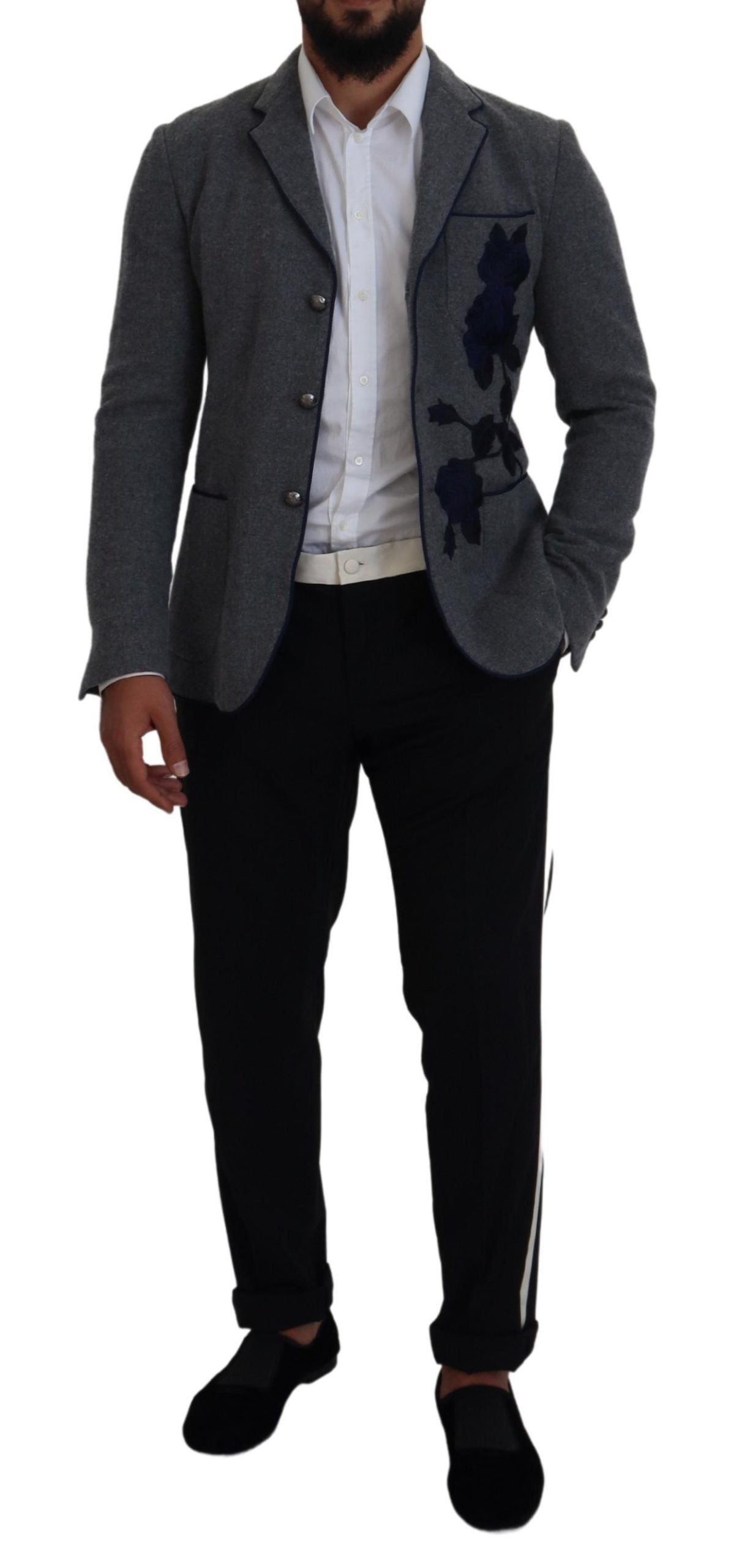 Dolce & Gabbana Grey Wool Roses Slim Fit Blazer