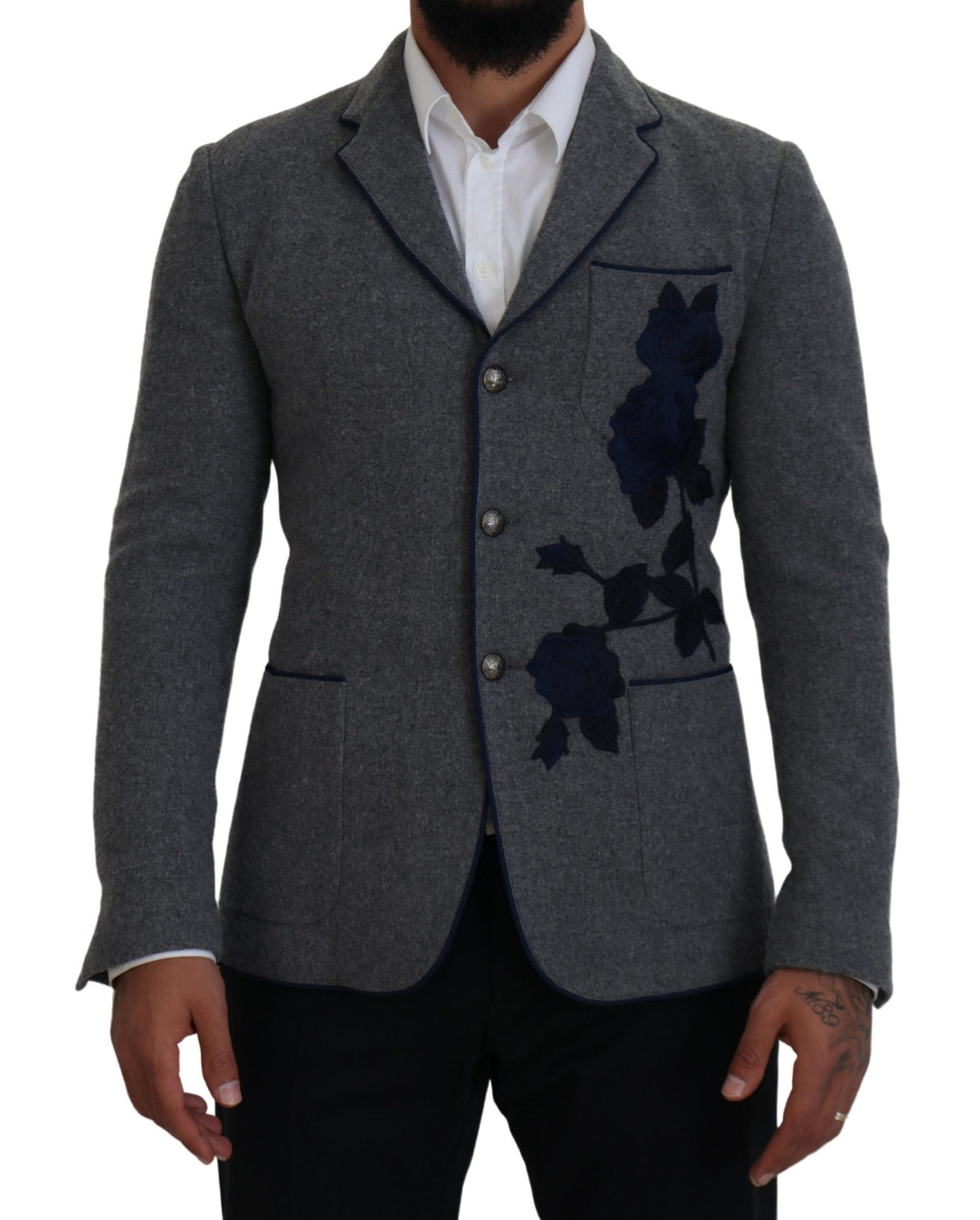 Dolce & Gabbana Grey Wool Roses Slim Fit Blazer
