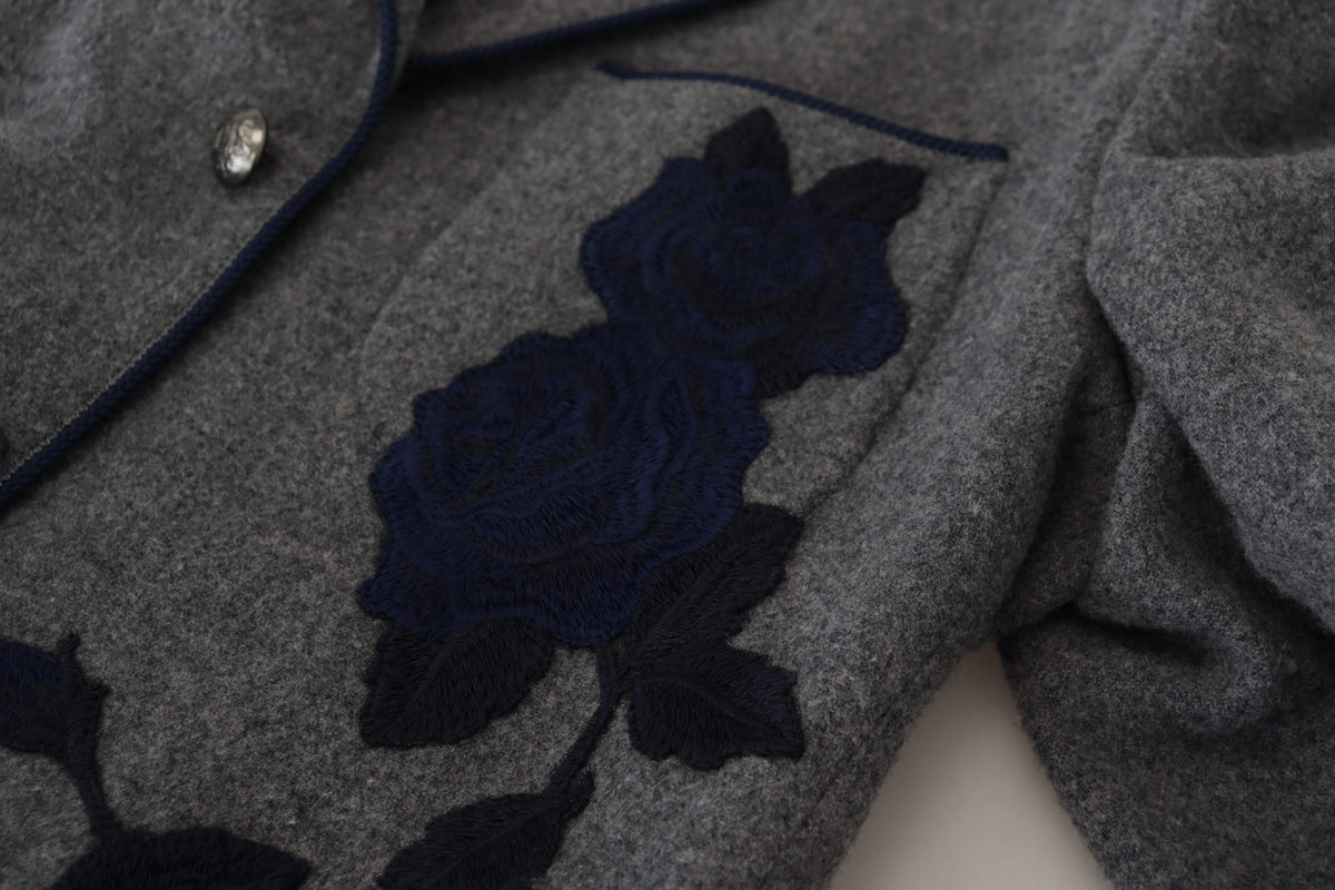 Dolce & Gabbana Grey Wool Roses Slim Fit Blazer