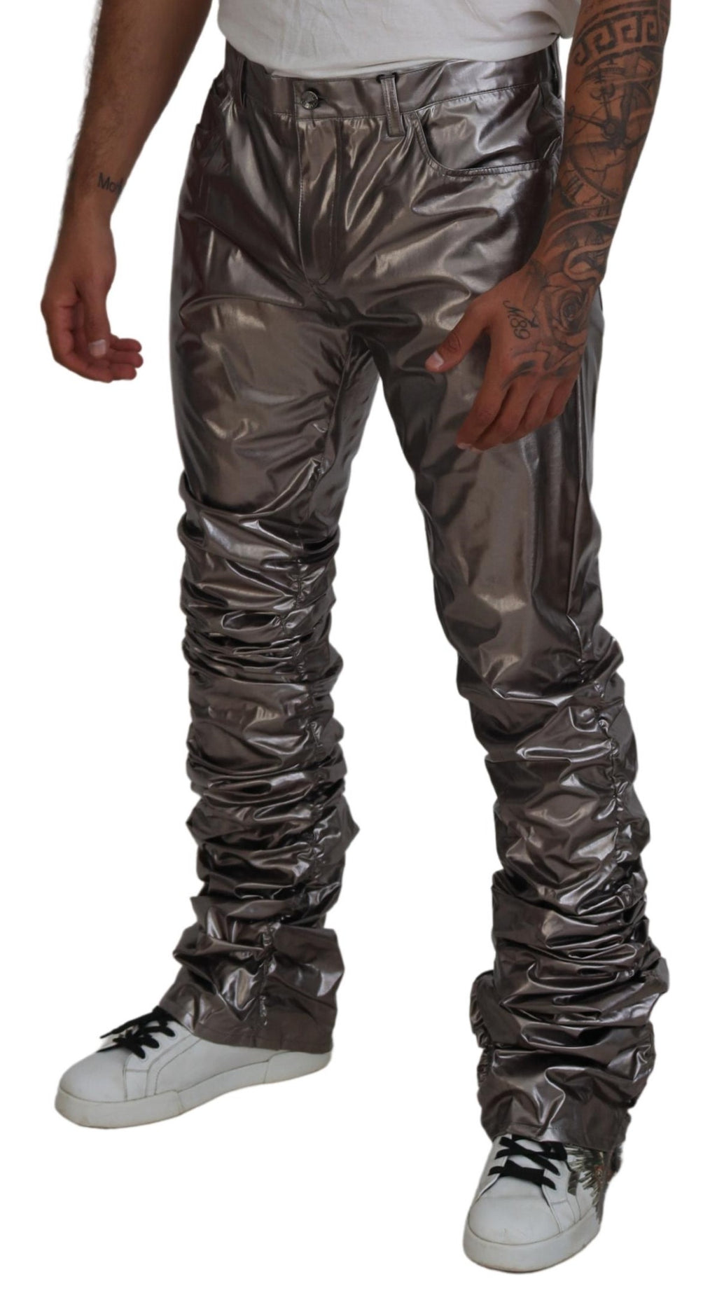 Dolce & Gabbana Silver Metallic Nylon Stretch Trousers