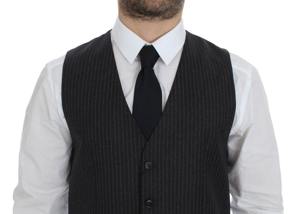 Dolce & Gabbana Grey Striped Wool Single-Breasted Vest
