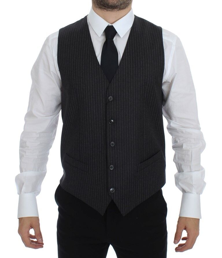 Dolce & Gabbana Grey Striped Wool Single-Breasted Vest