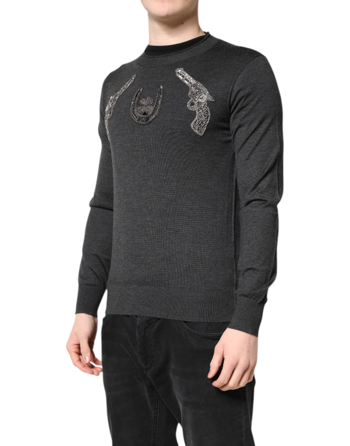 Dolce & Gabbana Grey Embroidery Knit Sweater
