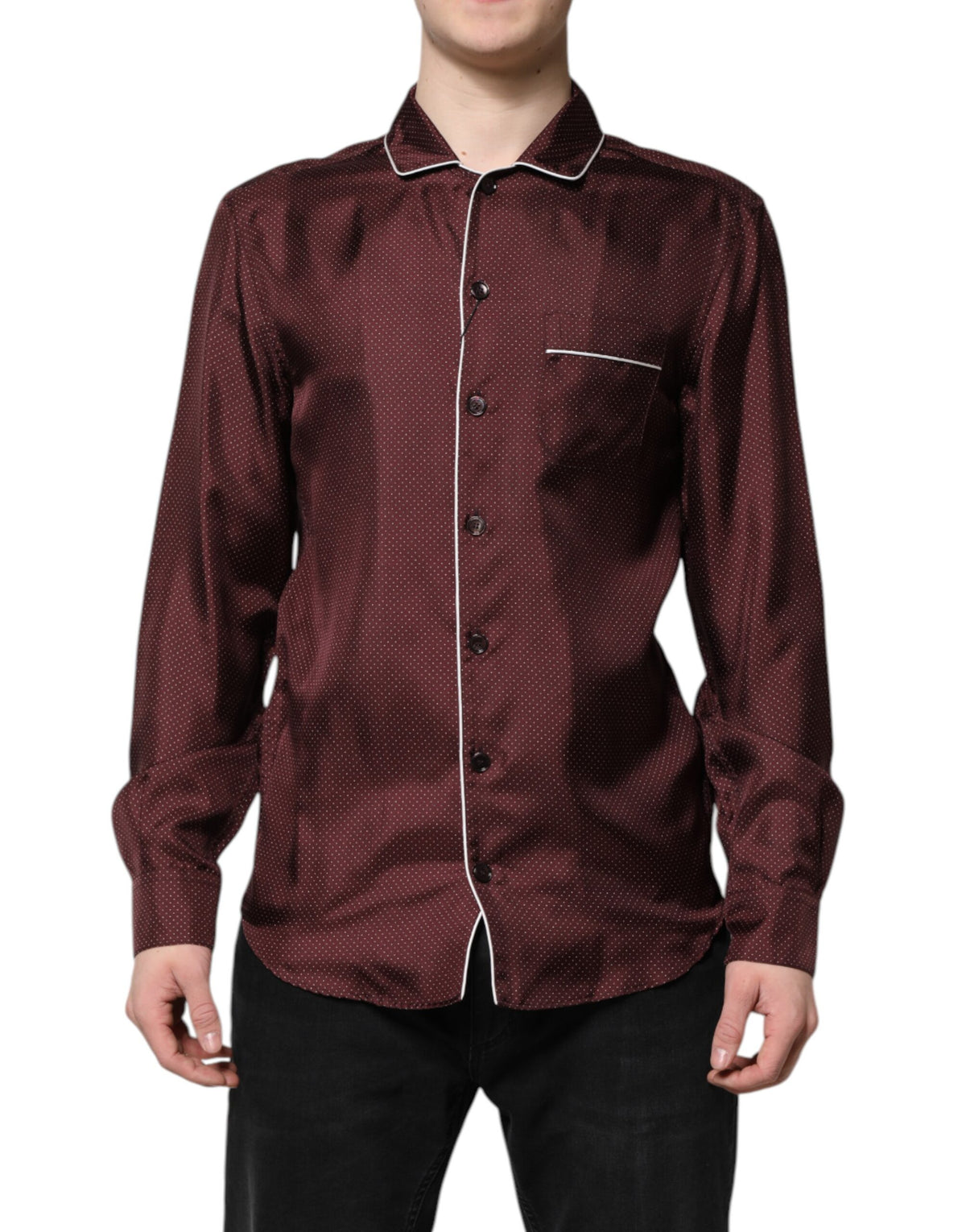Dolce & Gabbana Burgundy Silk Dotted Long-Sleeve Shirt