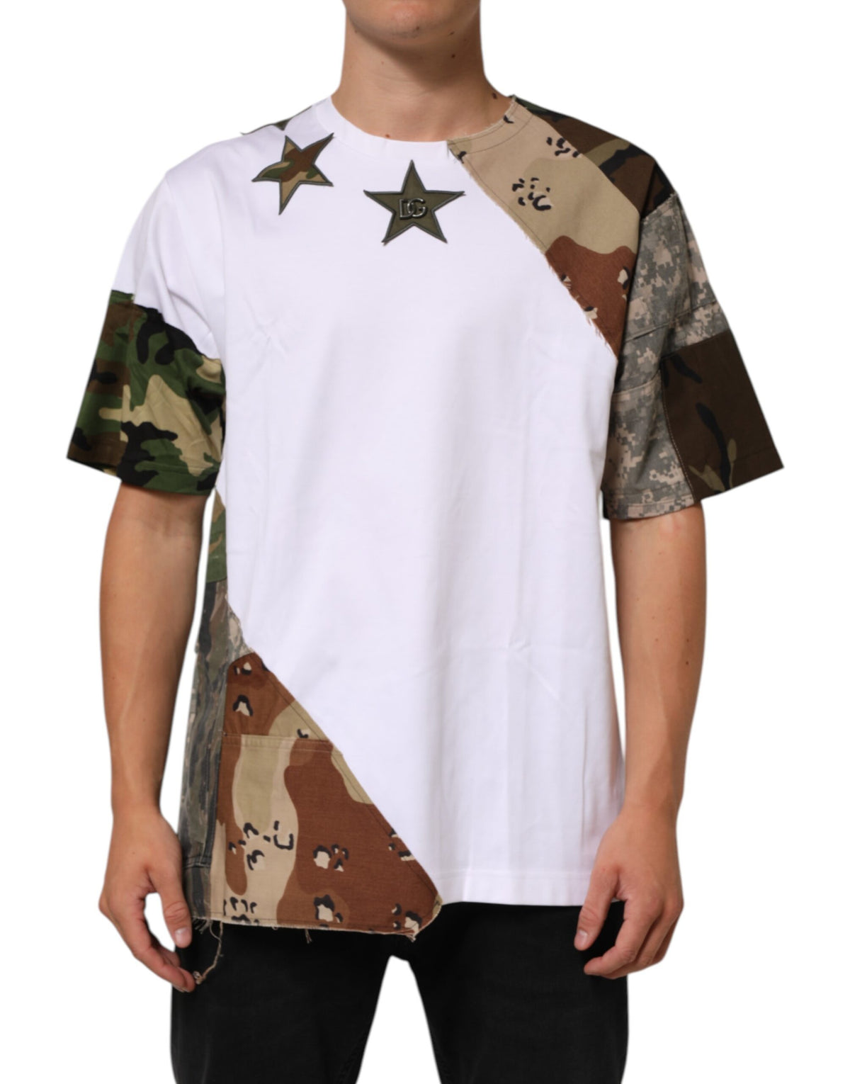 Dolce & Gabbana White Camouflage Patchwork Cotton T-Shirt