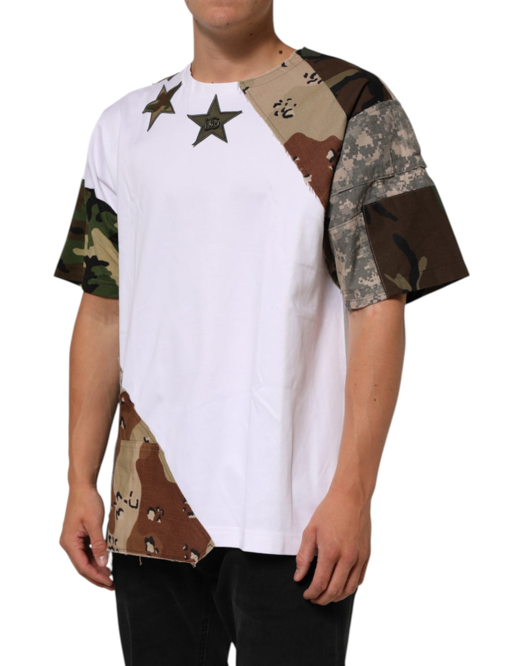 Dolce & Gabbana White Camouflage Patchwork Cotton T-Shirt