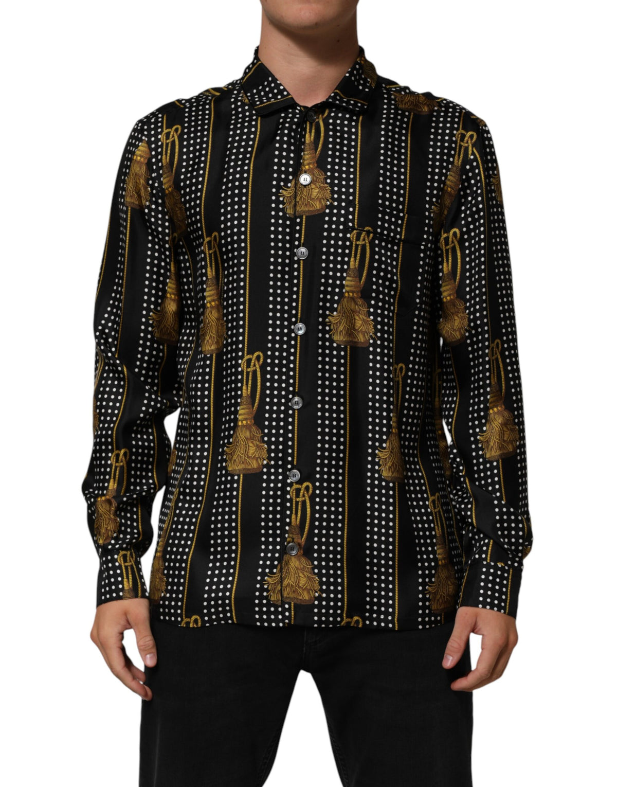 Black Dotted Tassel Silk Button Down Shirt